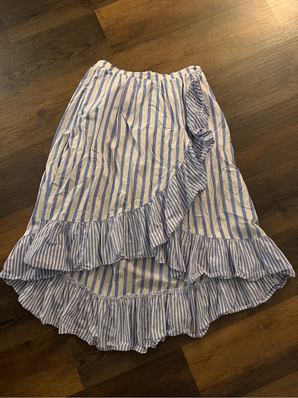 Who What Wear Blue and White Striped High-Low Ruffle Skirt